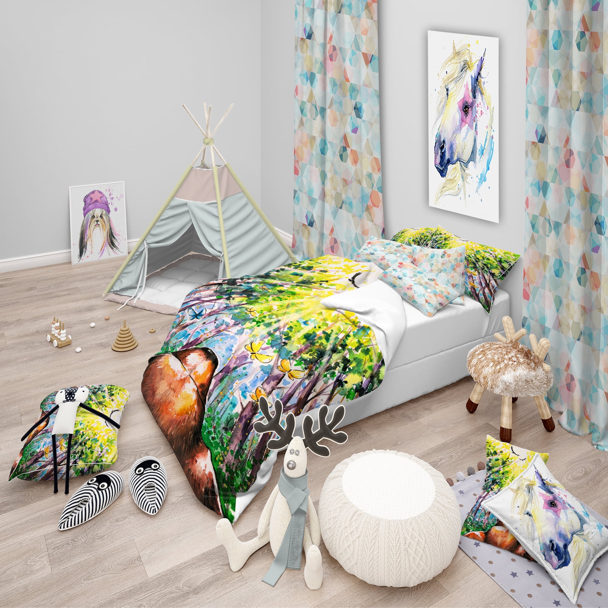 Designart 'Brown Dog in Forest' Modern kids Duvet Cover Set