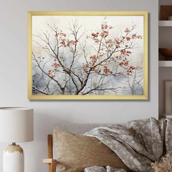Designart "Brown Floral Springtime Songbirds' Retreat" Landscapes Framed Wall Art Decor - Country Brown Tree Bedroom Framed Canvas Wall Art