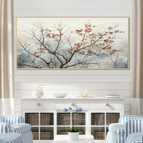 Designart "Brown Floral Springtime Songbirds' Retreat" Oversized Landscapes Framed Wall Art - Country Brown Tree Hallway Framed Wall Art Decor