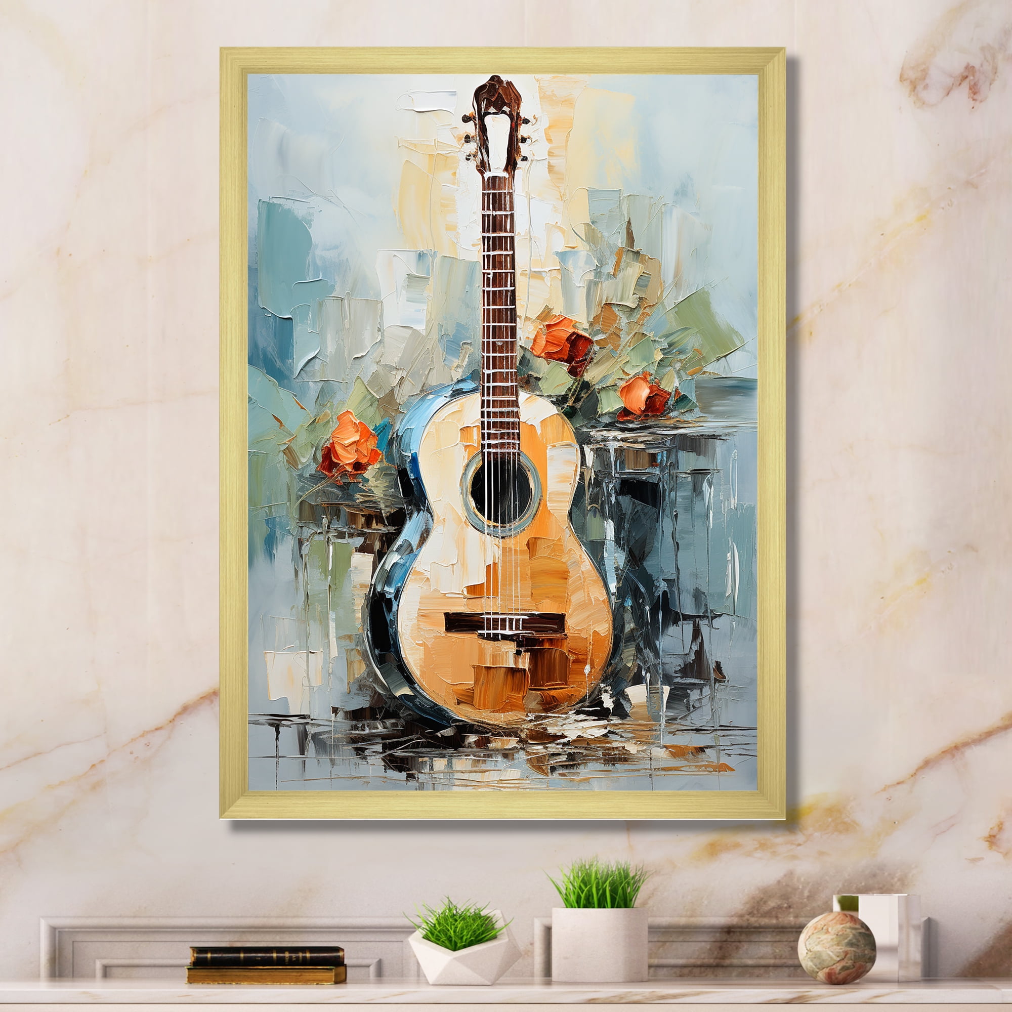 Designart "Brown Guitar Melody in Yellow Fluid" Music Framed Wall Art