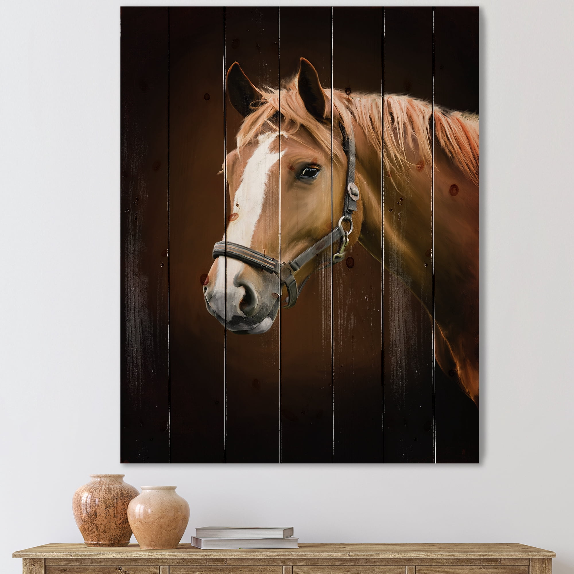 Designart 'Brown Horse With White Nose Portrait' Farmhouse Print on Natural Pine Wood