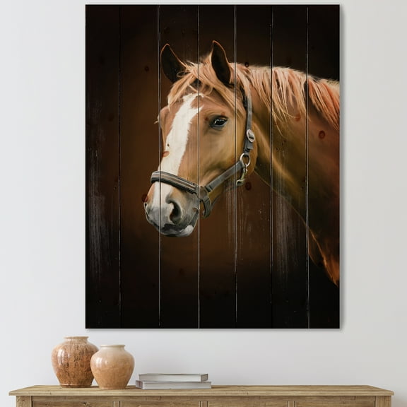 Designart 'Brown Horse With White Nose Portrait' Farmhouse Print on Natural Pine Wood