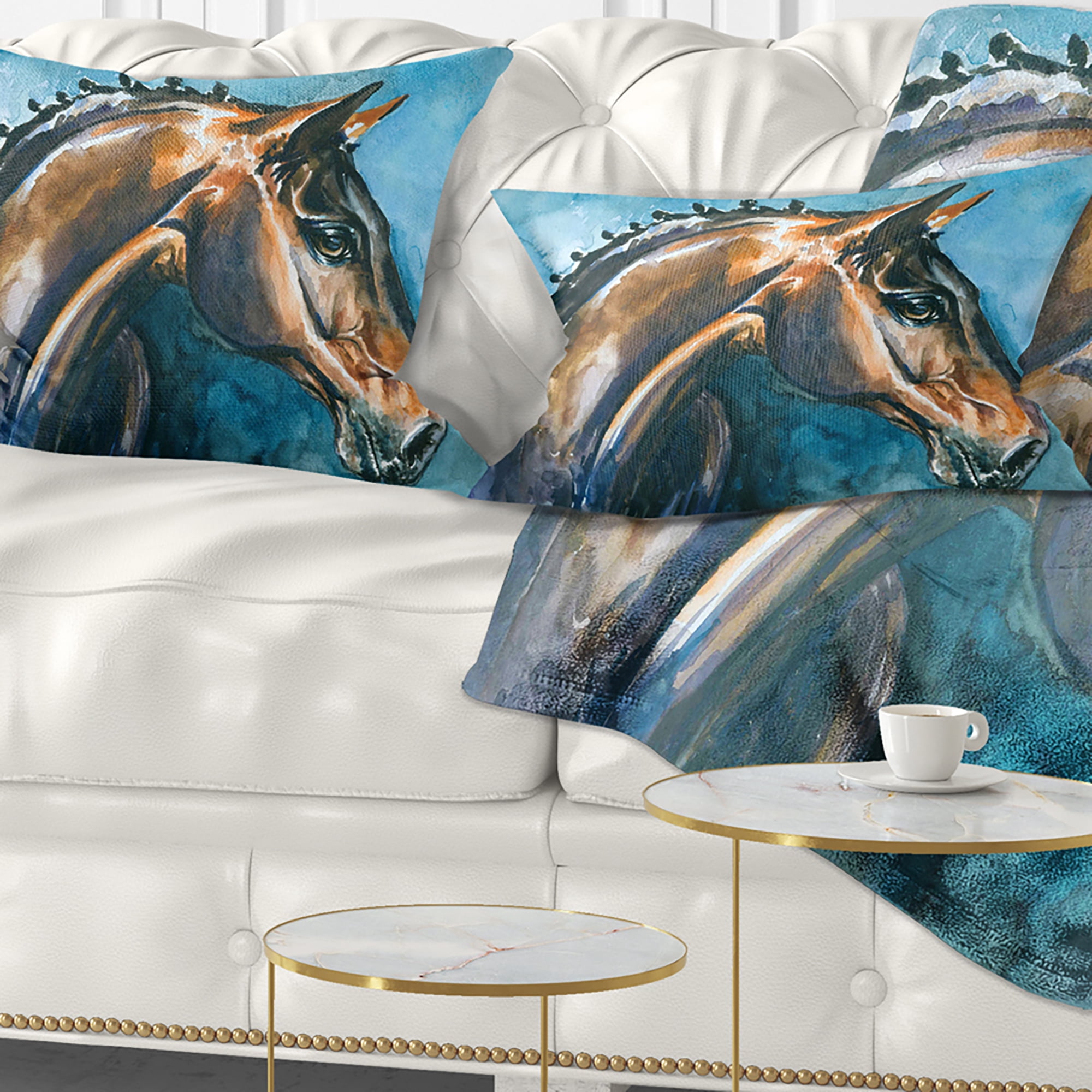 Designart Brown Horse on Blue Watercolor - Abstract Throw Pillow - 12x20