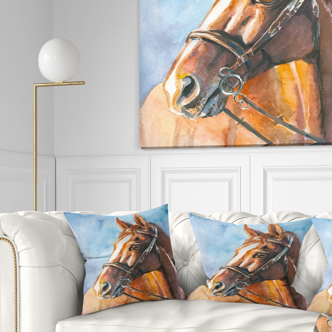 Designart Brown Horse with Bridle - Abstract Throw Pillow - 18x18