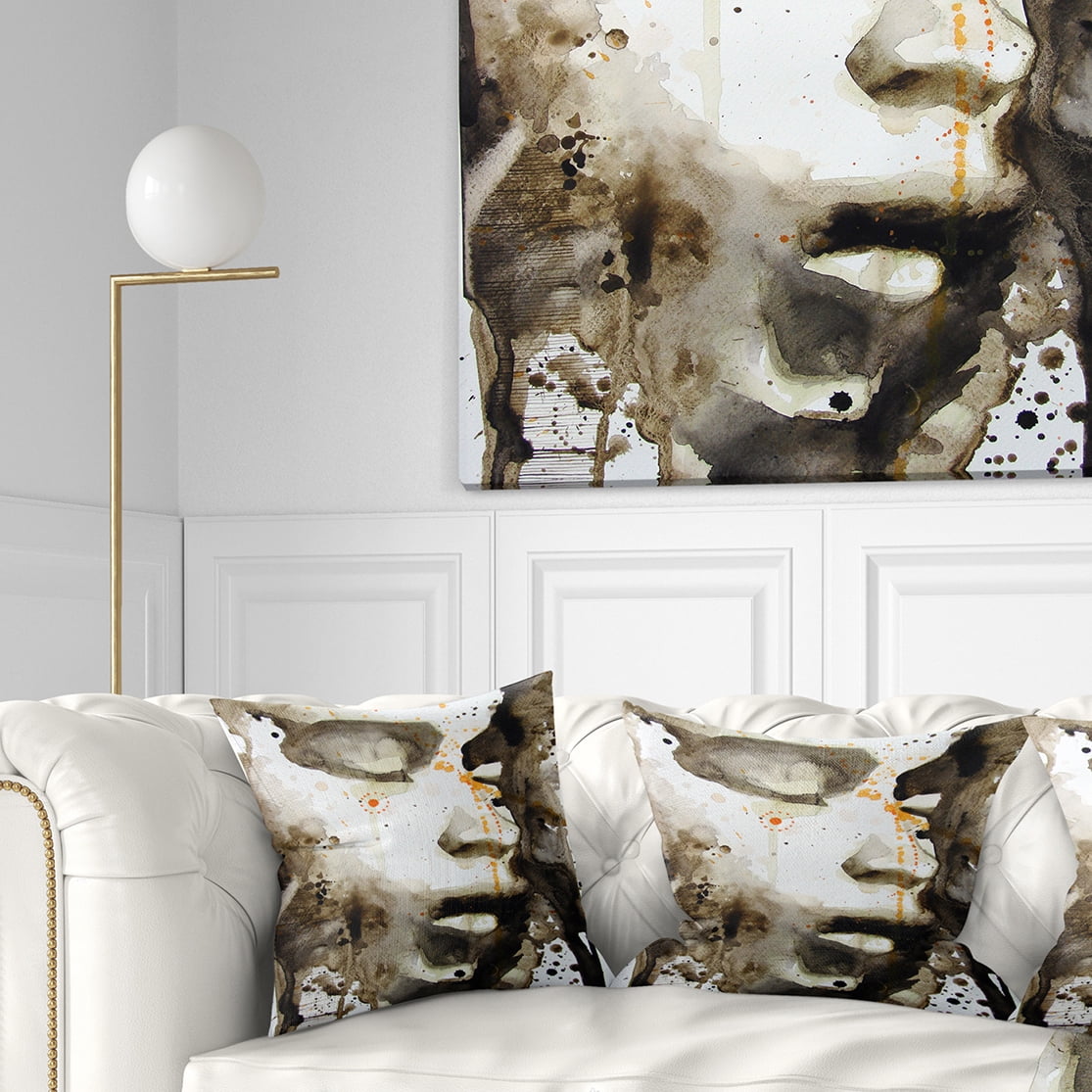 Designart Brown Illustrated Girl - Abstract Portrait Throw Pillow - 16x16