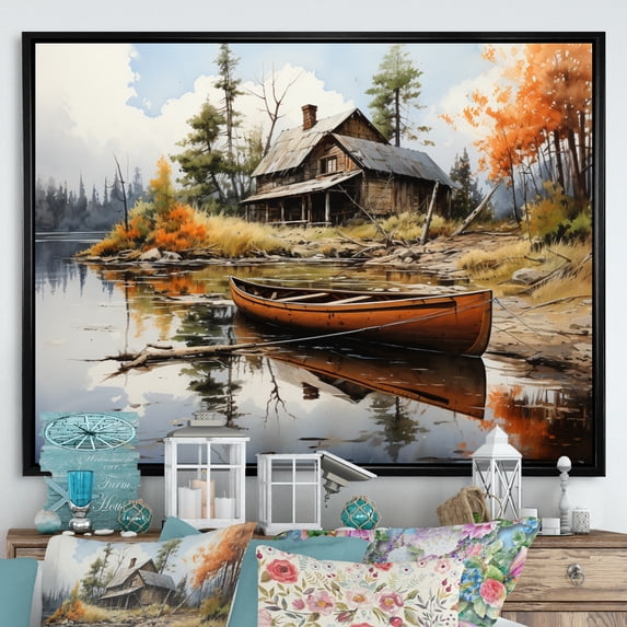 Designart "Brown Lakehouse Reflections Of silence III" Lake House Cottage Floater Framed Canvas Wall Art