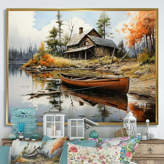 Designart "Brown Lakehouse Reflections Of silence III" Lake House Cottage Floater Framed Canvas Wall Art