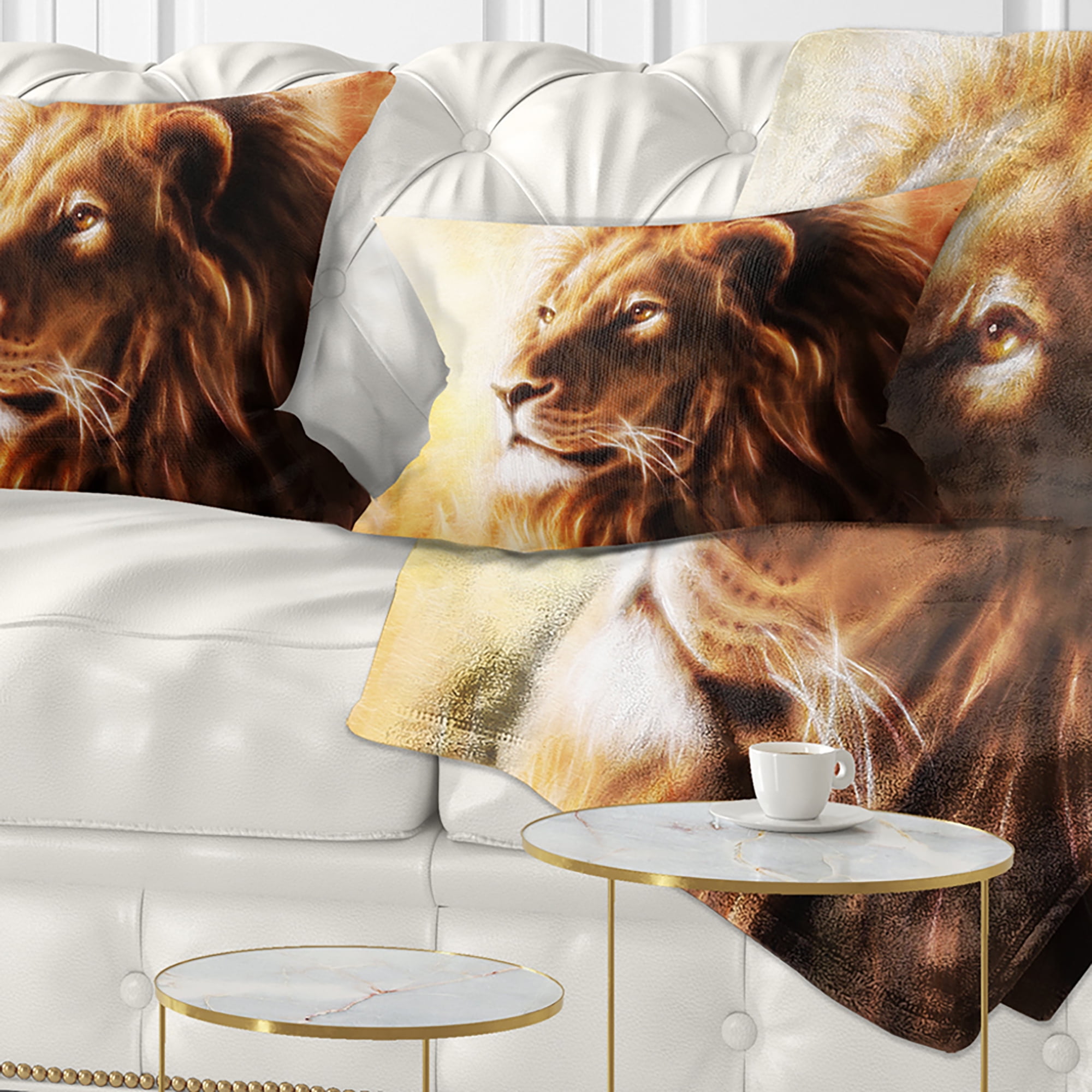 Designart Brown Lion Fractal - Animal Throw Pillow - 12x20