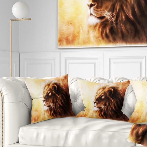Designart Brown Lion Fractal - Animal Throw Pillow - 16x16