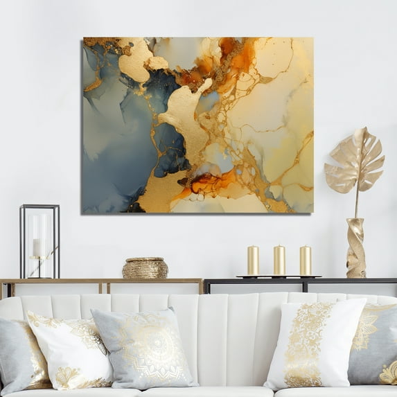 Designart "Brown Luxury Abstract Fluid Art" Abstract Liquid Ink Canvas Art Print