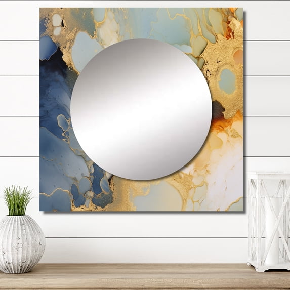 Designart "Brown Luxury Abstract Fluid Art I" Abstract Liquid ink Square Mirror Wall Decor Modern - Large Gold Square Bathroom Mirror - Square Printed Wall Mirror Art