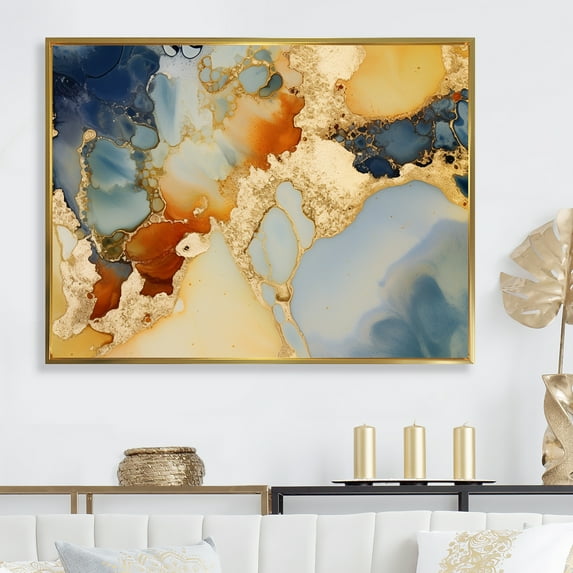 Designart "Brown Luxury Abstract Fluid Art II" Abstract Liquid Ink Floater Framed Wall Art Living Room