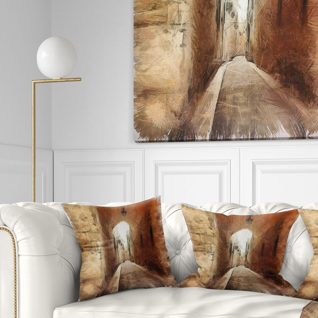 Designart Brown Old City Street Drawing - Landscape Printed Throw Pillow - 18x18