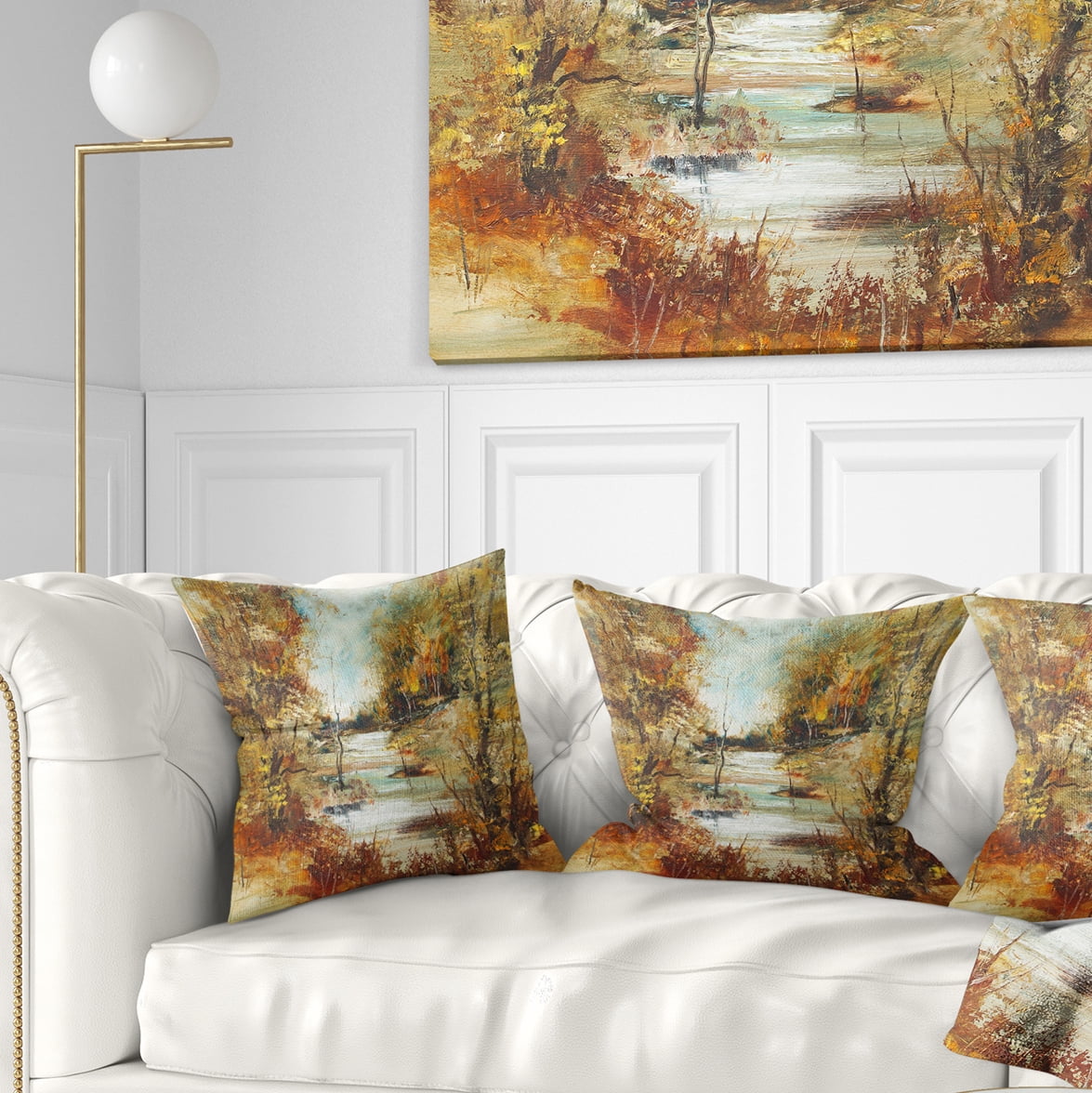 Designart Brown River in Forest - Landscape Painting Throw Pillow - 18x18