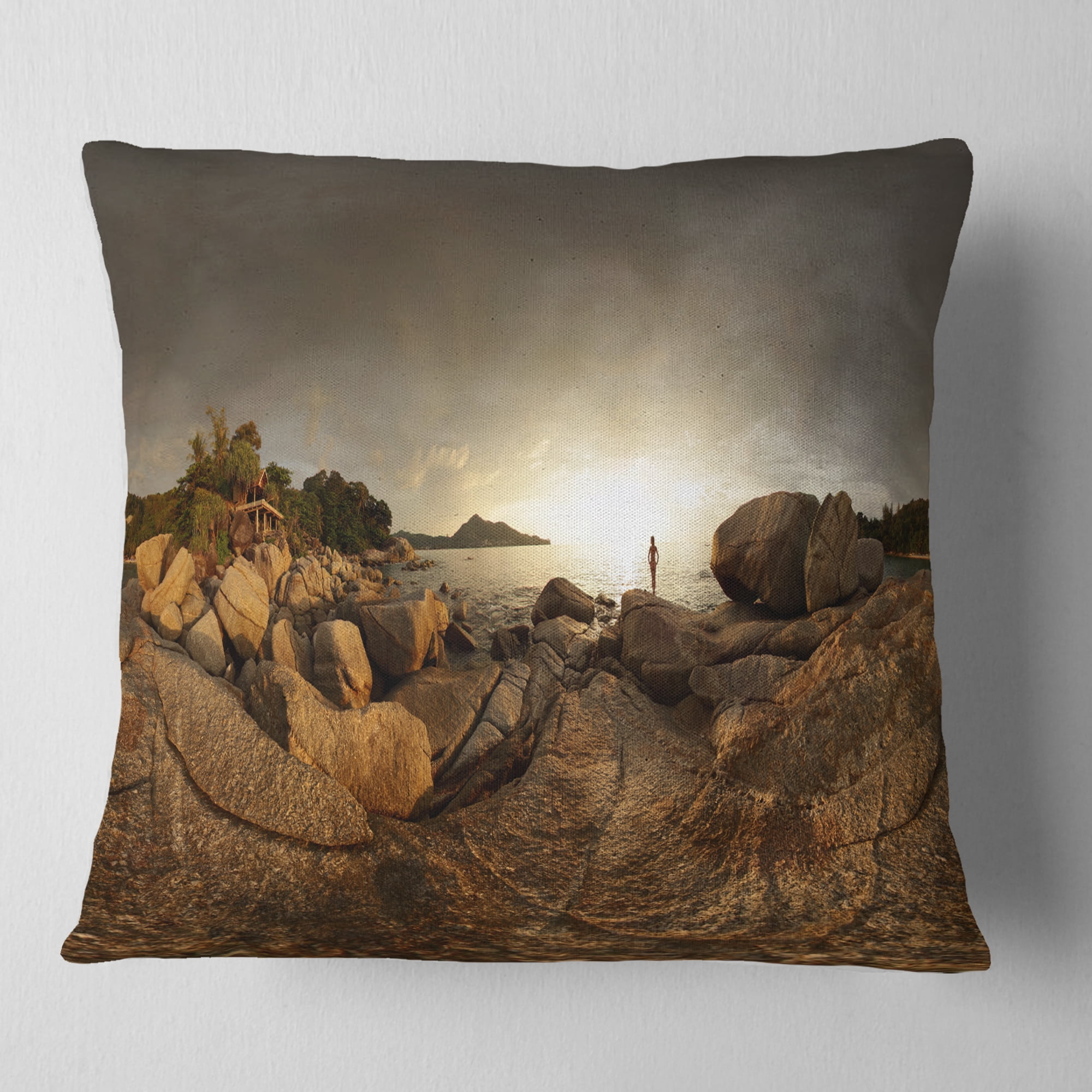 Designart Brown Rocky Forest Panorama - Landscape Printed Throw Pillow - 16x16