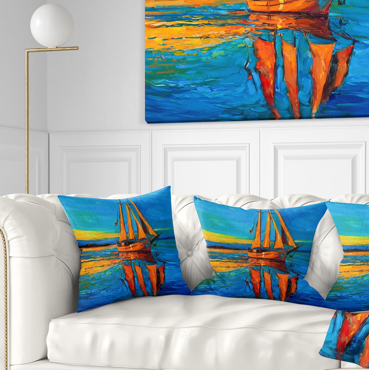 Designart Brown Sailing Boat - Seascape Throw Pillow - 16x16