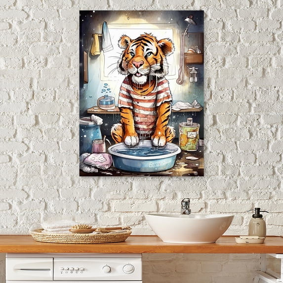 Designart "Brown Tiger In Laundry Room" Animals Tiger Fashion Canvas Wall Art