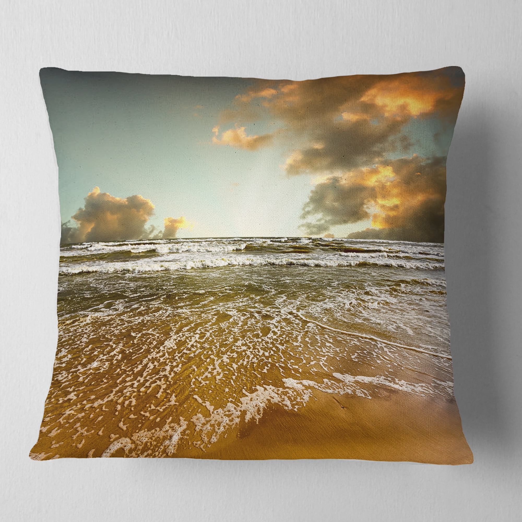 Designart Brown Tinged Beach and Cloudy Sky - Seascape Throw Pillow - 18x18