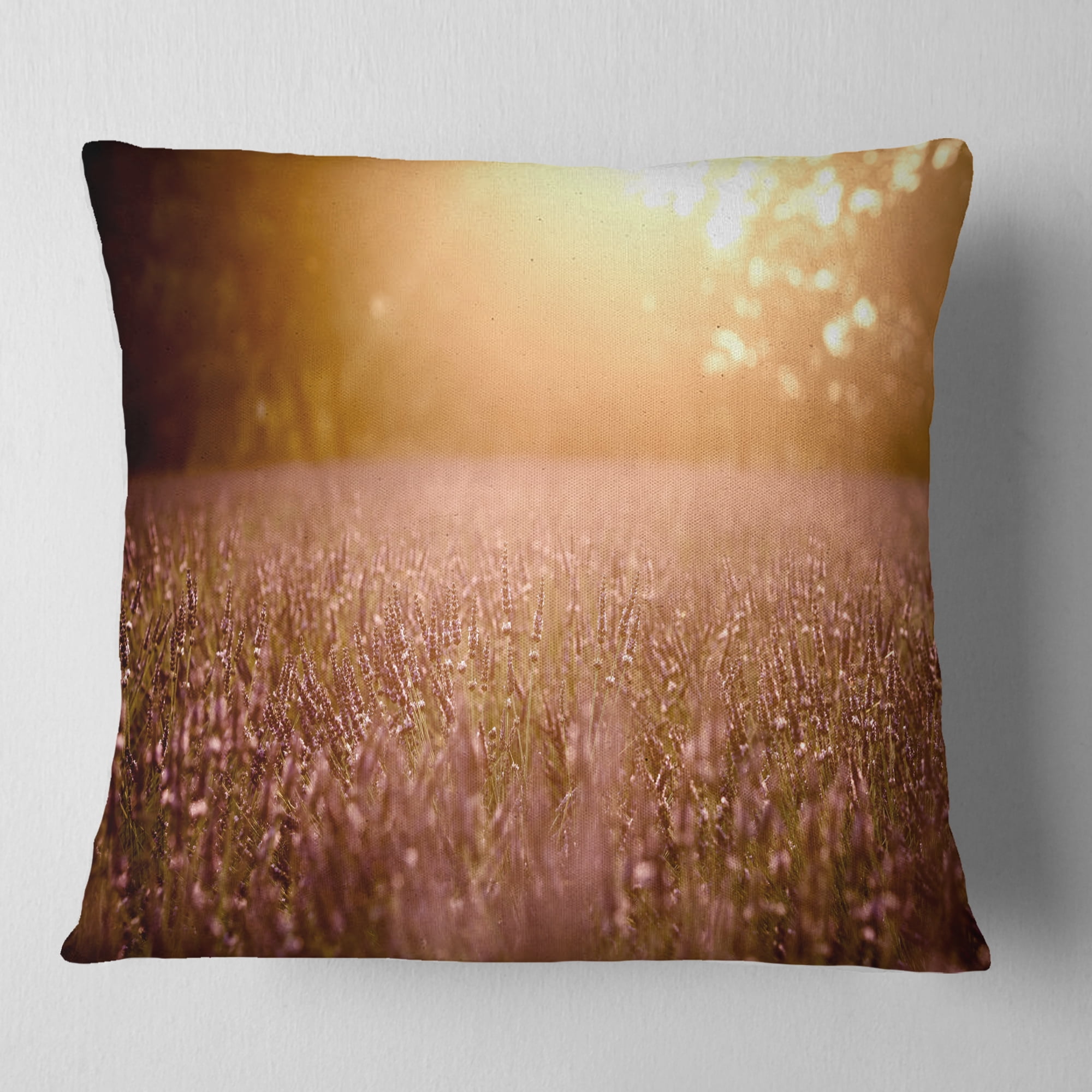 Designart Brown Tinged Lavender Field Sunset - Floral Throw Pillow - 18x18