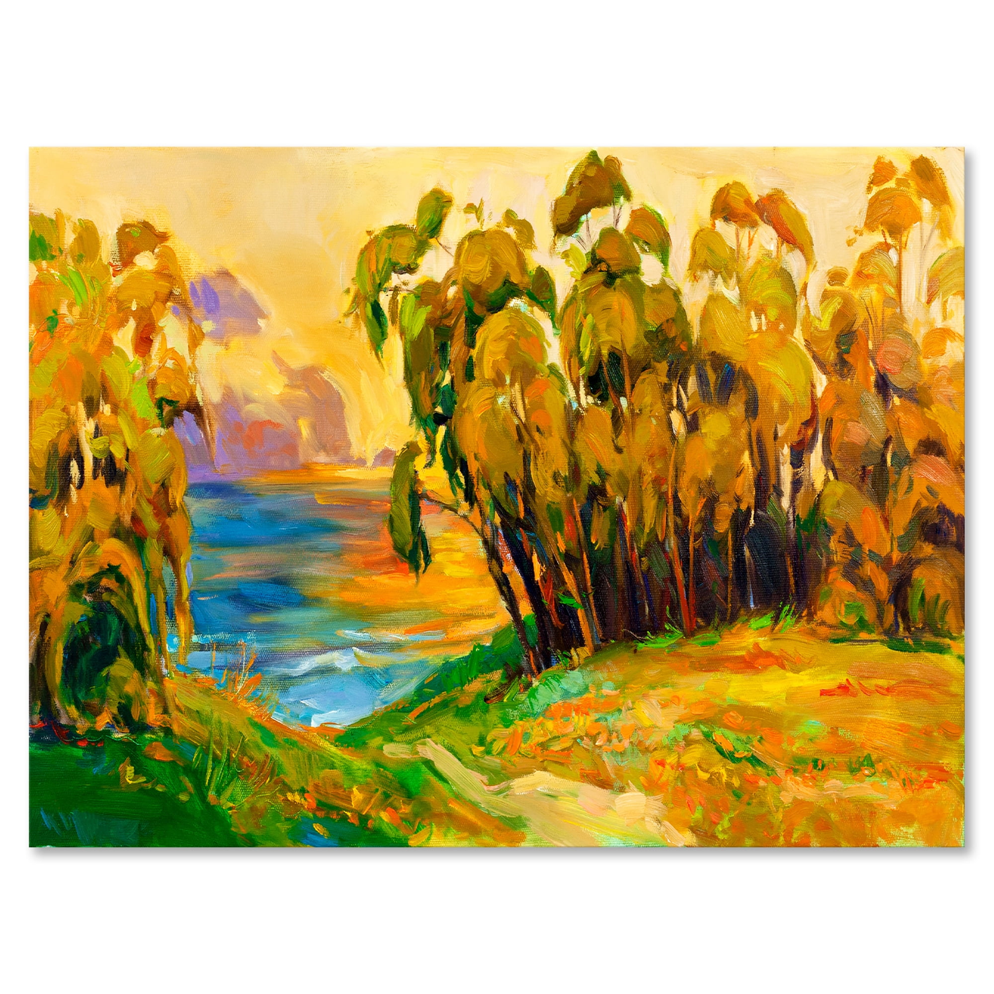 Designart ' Brown Trees By The Riverside During Evenign Glow ' Traditional Canvas Wall Art Print