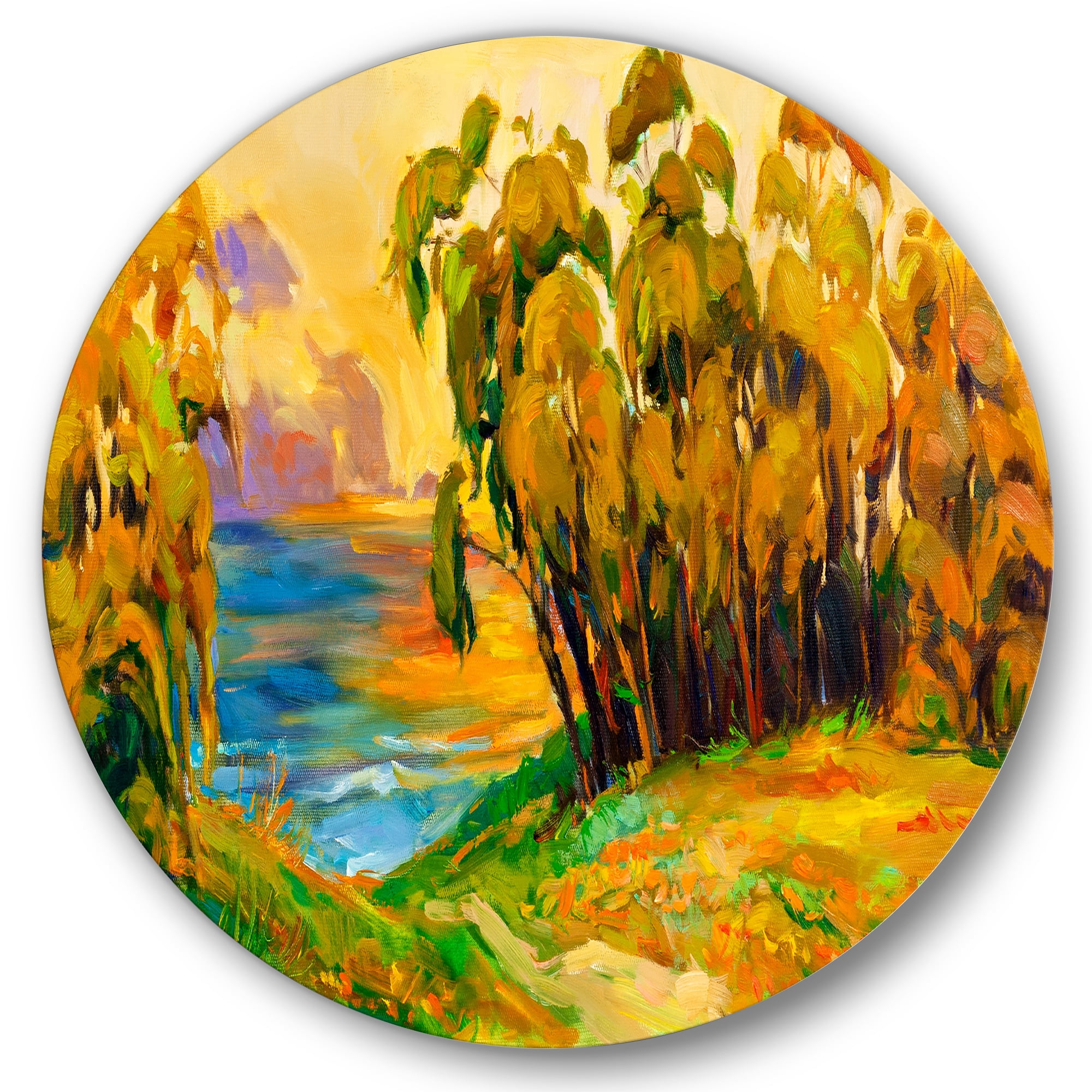 Designart 'Brown Trees By The Riverside During Evenign Glow' Traditional Circle Metal Wall Art 29x29 - Disc of 29