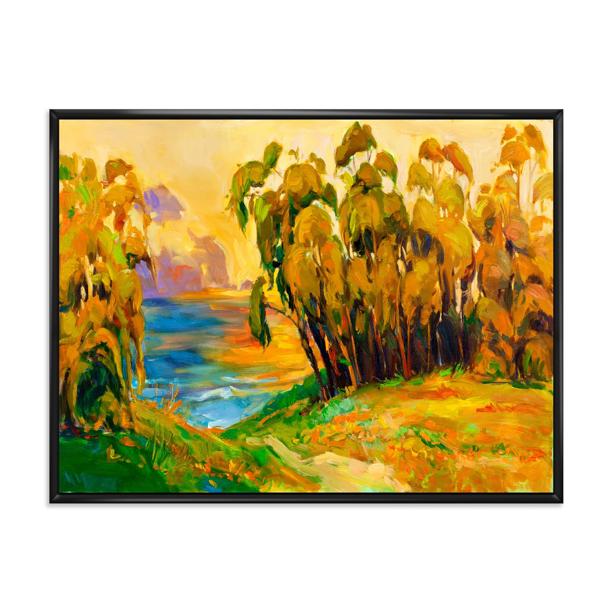Designart 'Brown Trees By The Riverside During Evenign Glow' Traditional Framed Canvas Wall Art Print