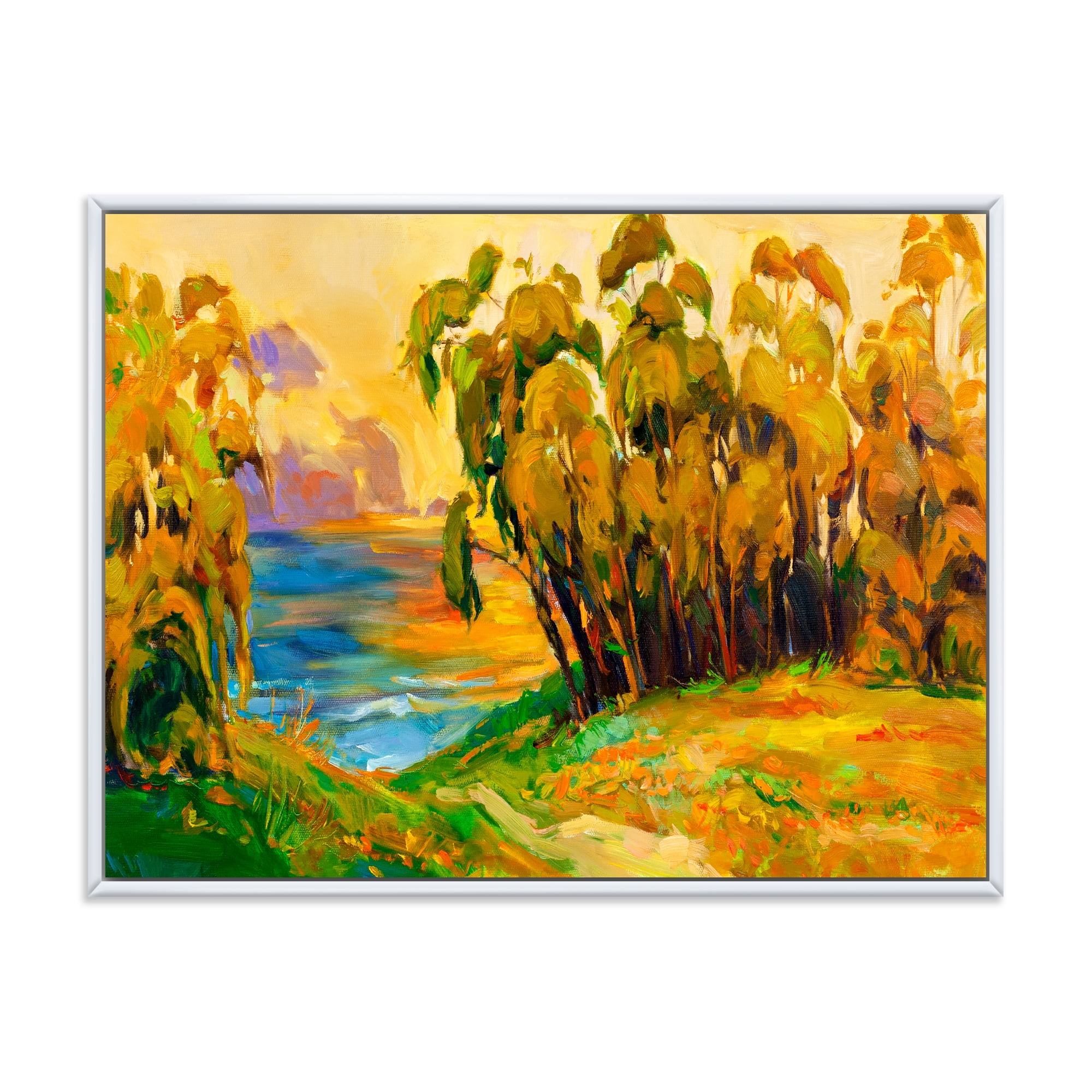 Designart 'Brown Trees By The Riverside During Evenign Glow' Traditional Framed Canvas Wall Art Print