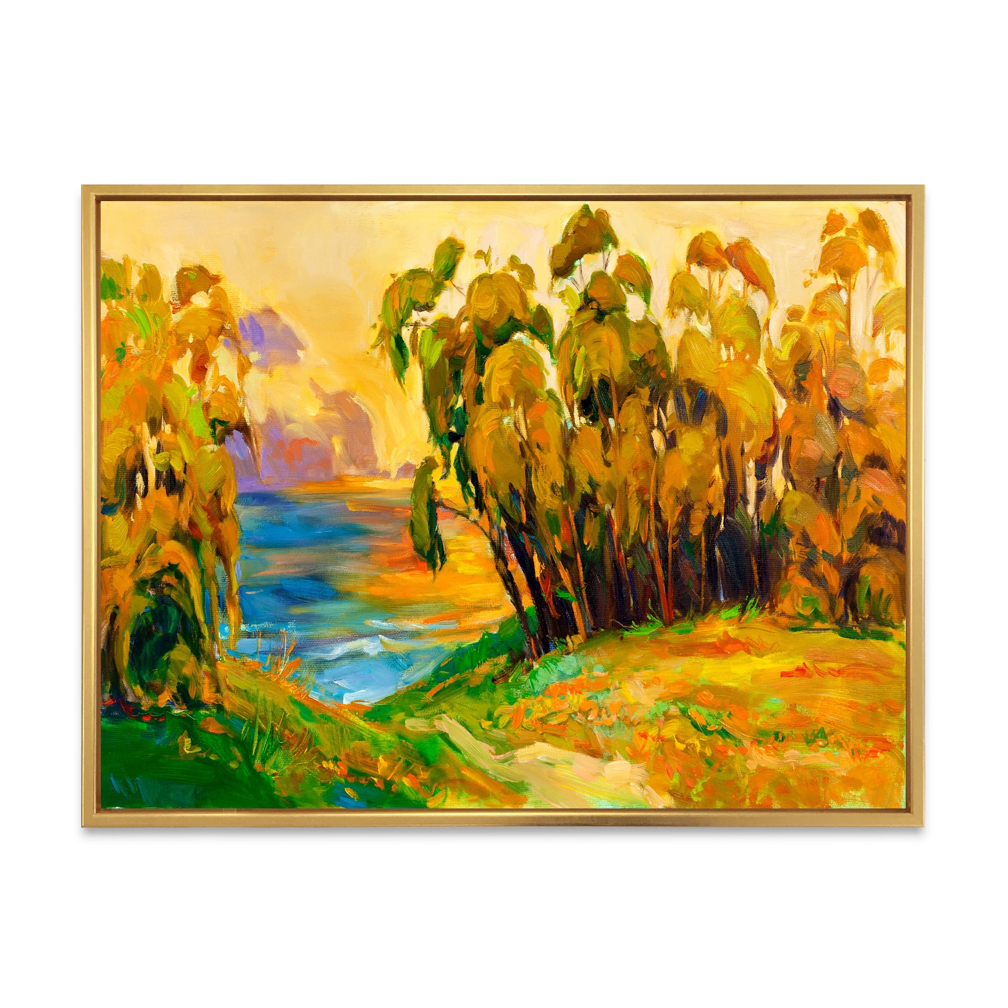 Designart 'Brown Trees By The Riverside During Evenign Glow' Traditional Framed Canvas Wall Art Print