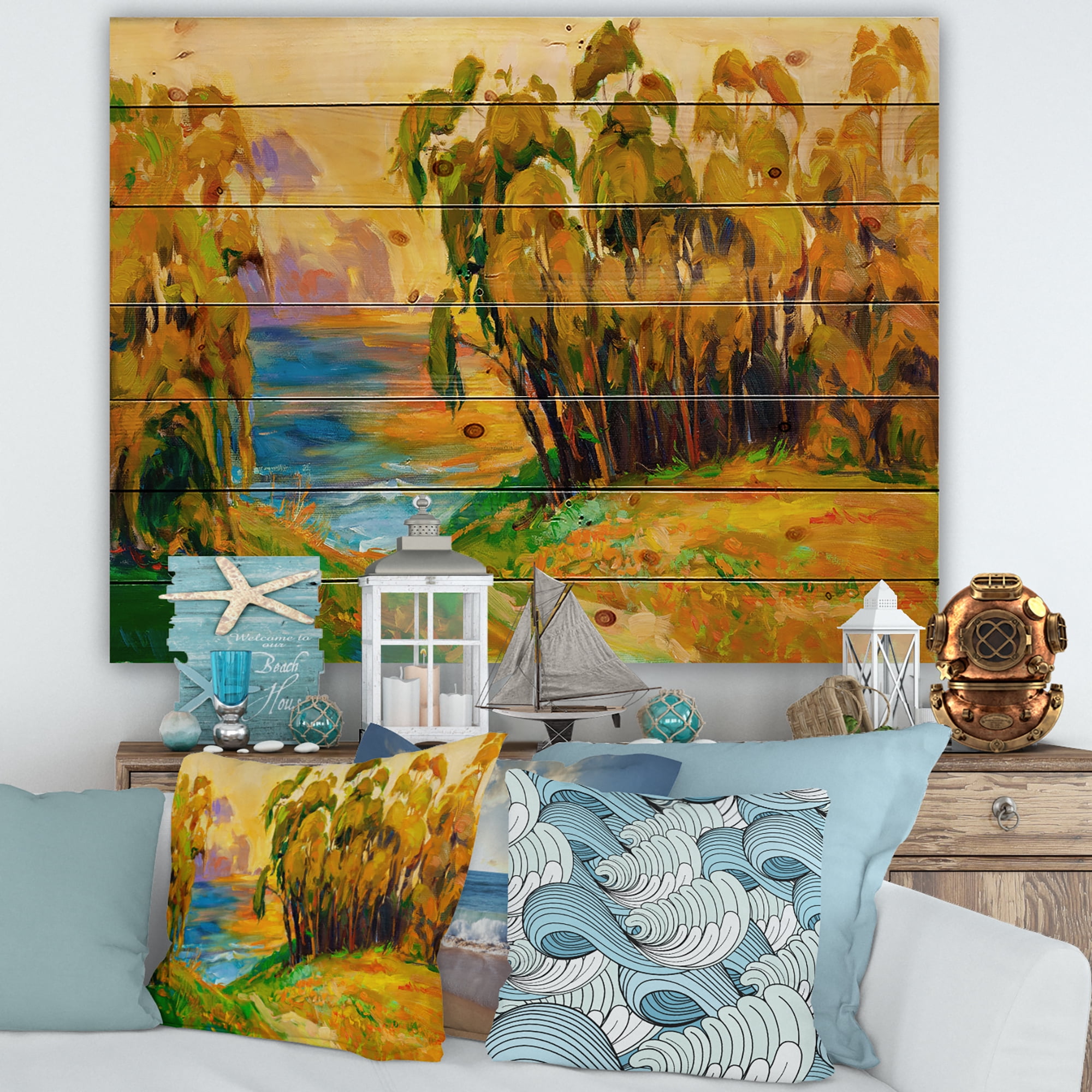 Designart 'Brown Trees By The Riverside During Evenign Glow' Traditional Print on Natural Pine Wood