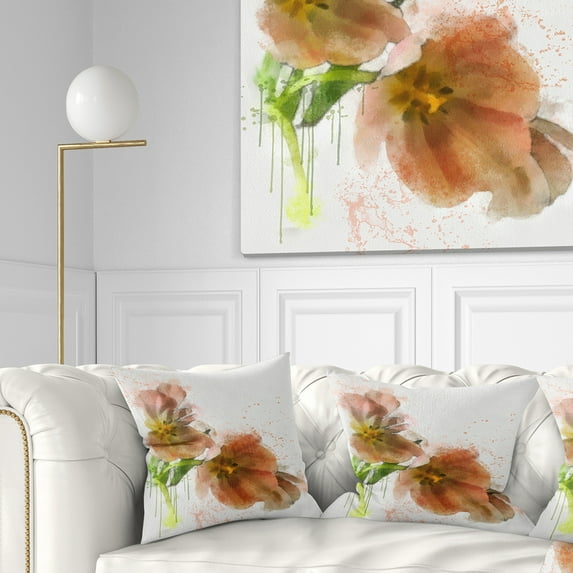 Designart Brown Tulips Sketch Watercolor - Floral Throw Pillow - 18x18