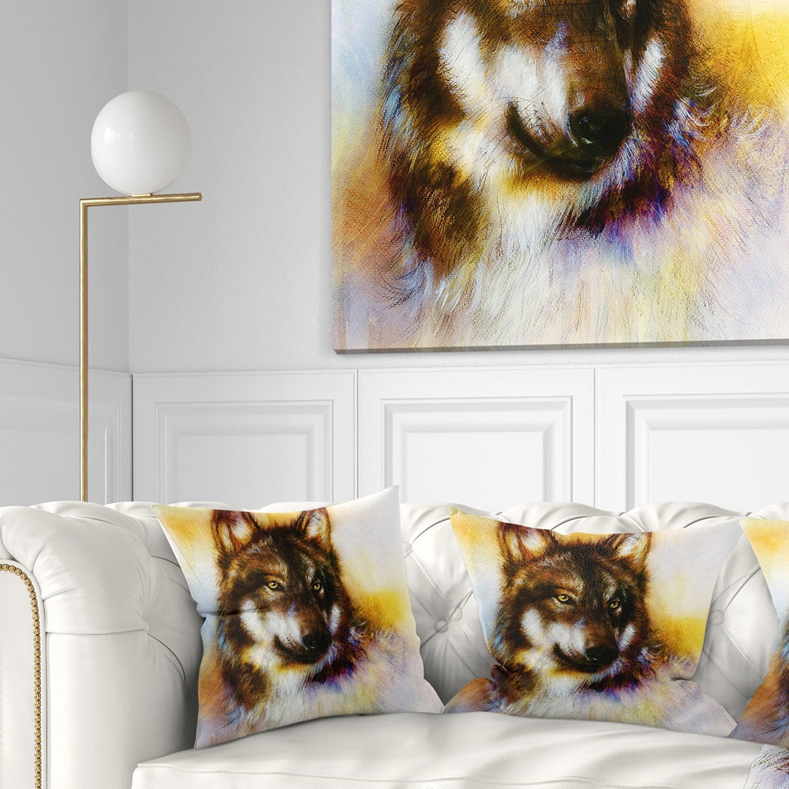 Designart Brown Wolf Illustration - Abstract Throw Pillow - 18x18