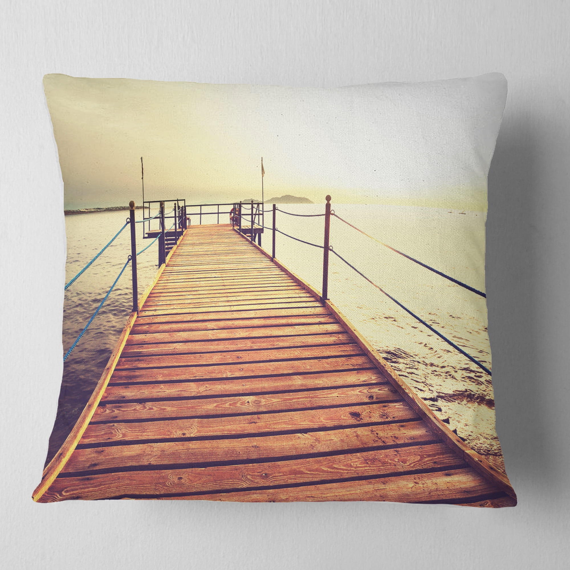 Designart Brown Wooden Boardwalk to the Sea - Bridge Throw Pillow - 18x18