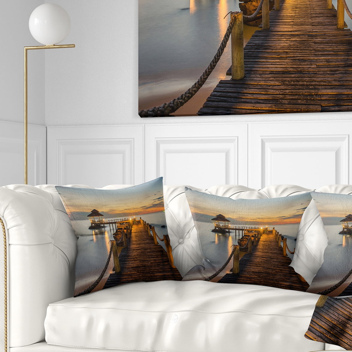 Designart Brown Wooden Pier in Evening - Seashore Photo Throw Pillow - 16x16