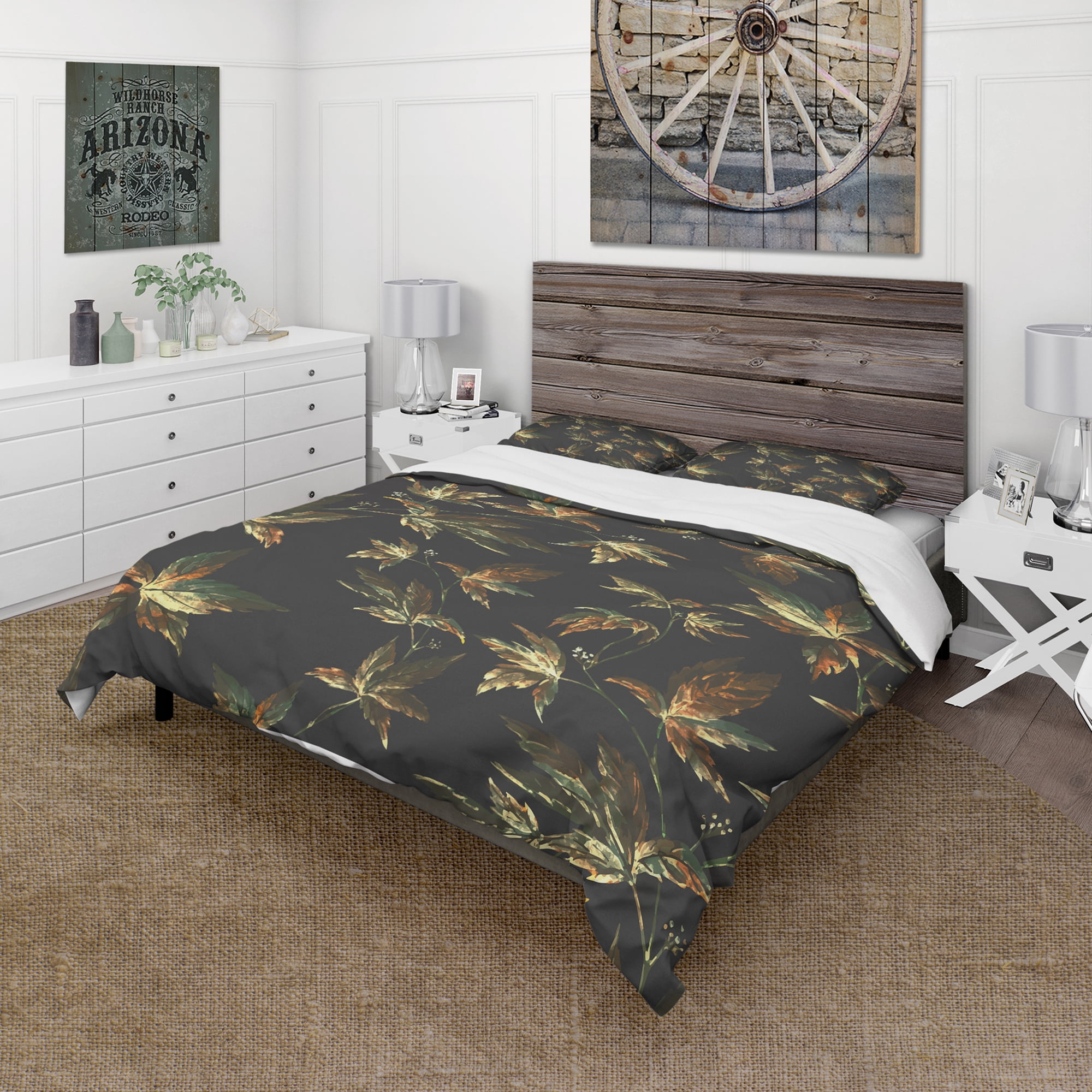 Designart 'Brown and Green Autumn leaves' Vintage Duvet Cover Set