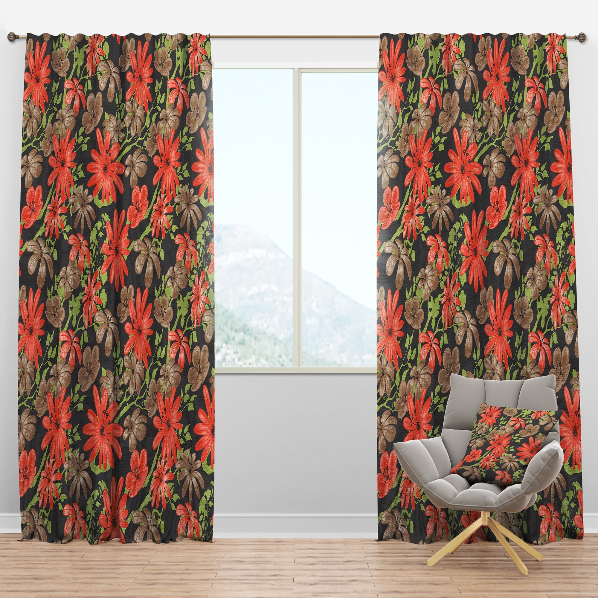 Designart 'Brown and Red Flowers With Of Green Branches' Floral Blackout Curtain Panel