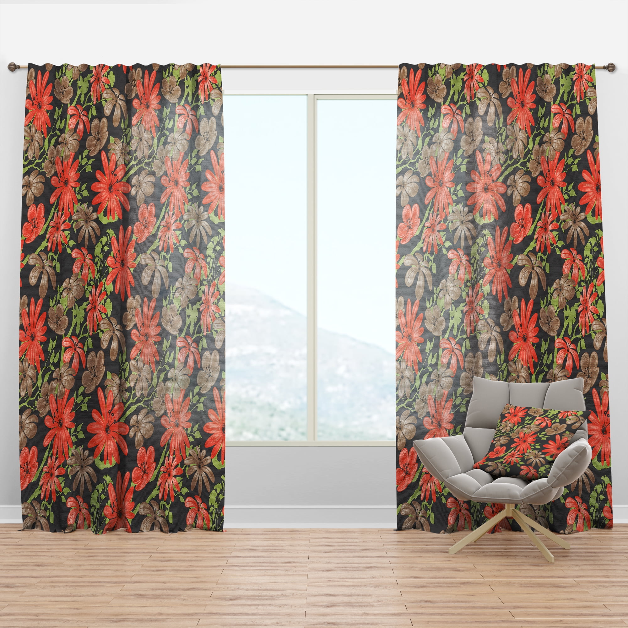 Designart 'Brown and Red Flowers With Of Green Branches' Floral Curtain Panel