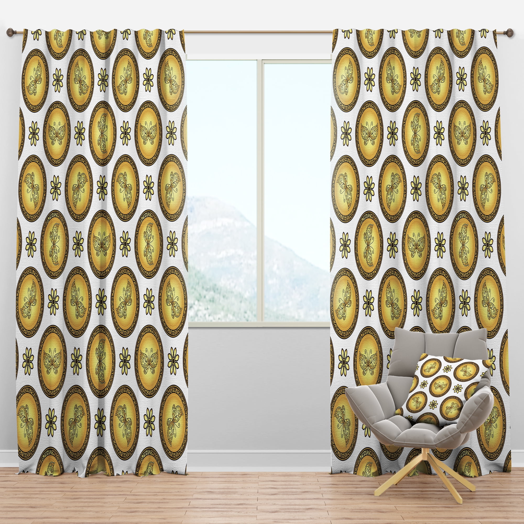 Designart 'Browne and Gold pattern with gradient vintage circles' Mid-Century Modern Blackout Curtain Panel