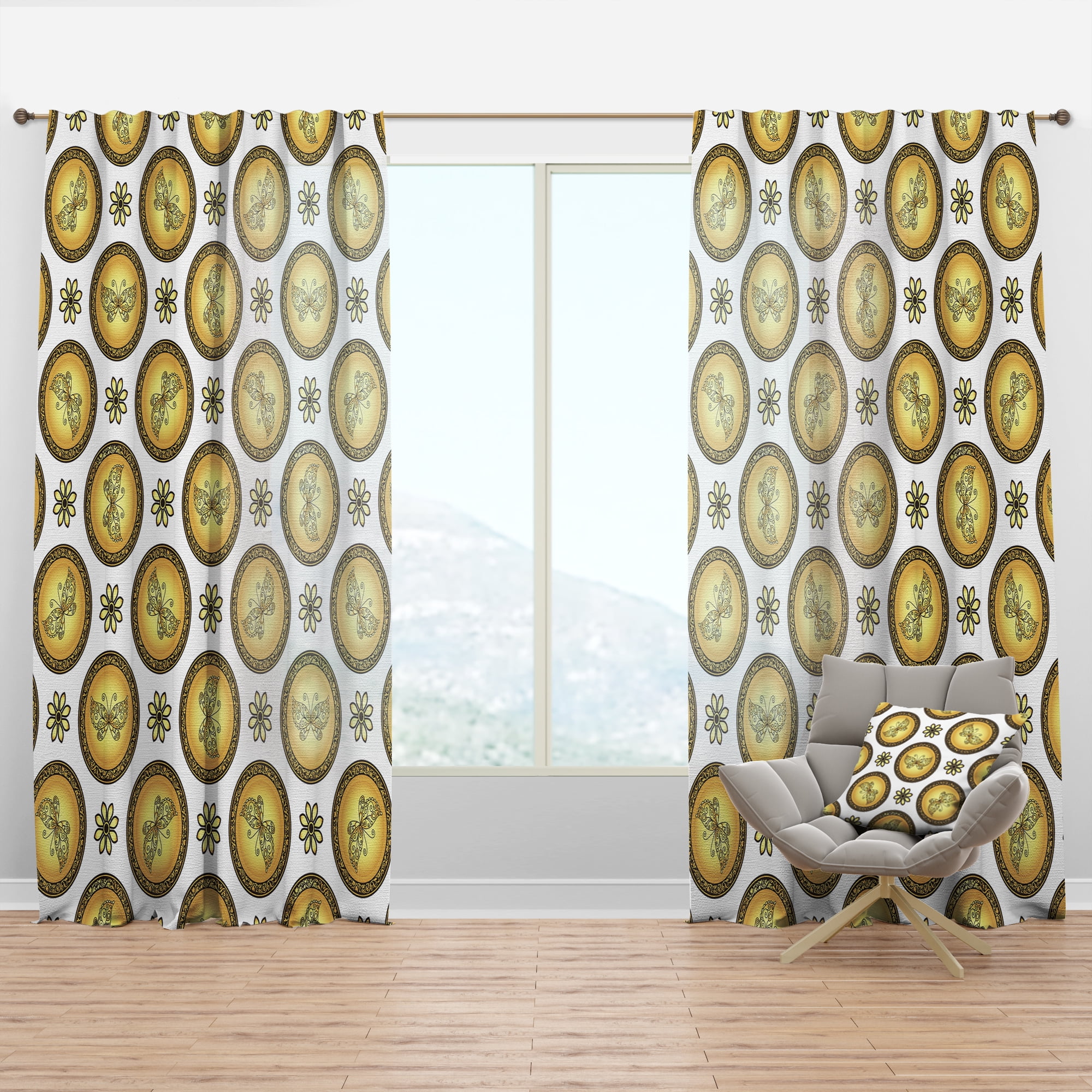 Designart 'Browne and Gold pattern with gradient vintage circles' Mid-Century Modern Curtain Panel
