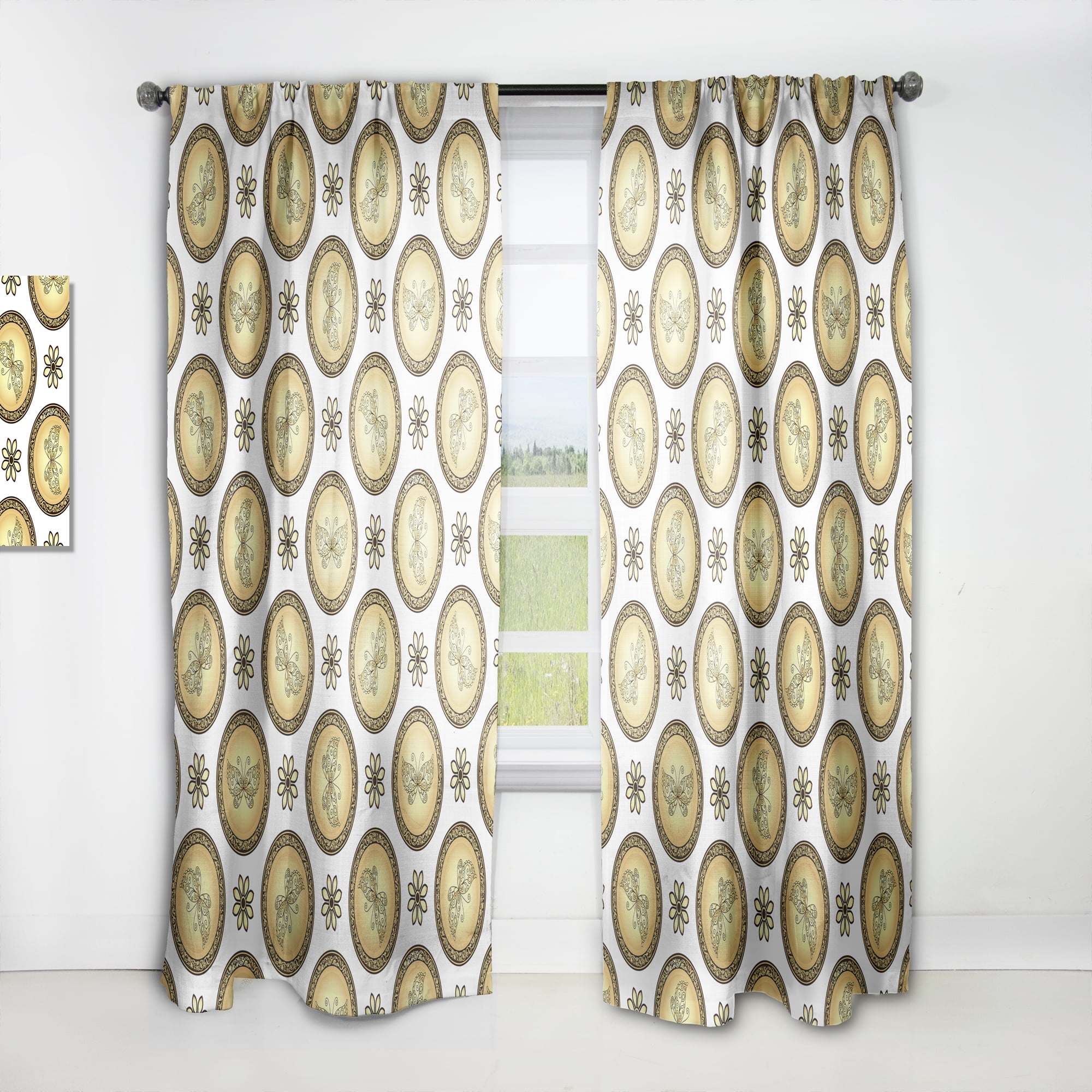 Designart 'Browne and Gold pattern with gradient vintage circles' Mid-Century Modern Curtain Panel