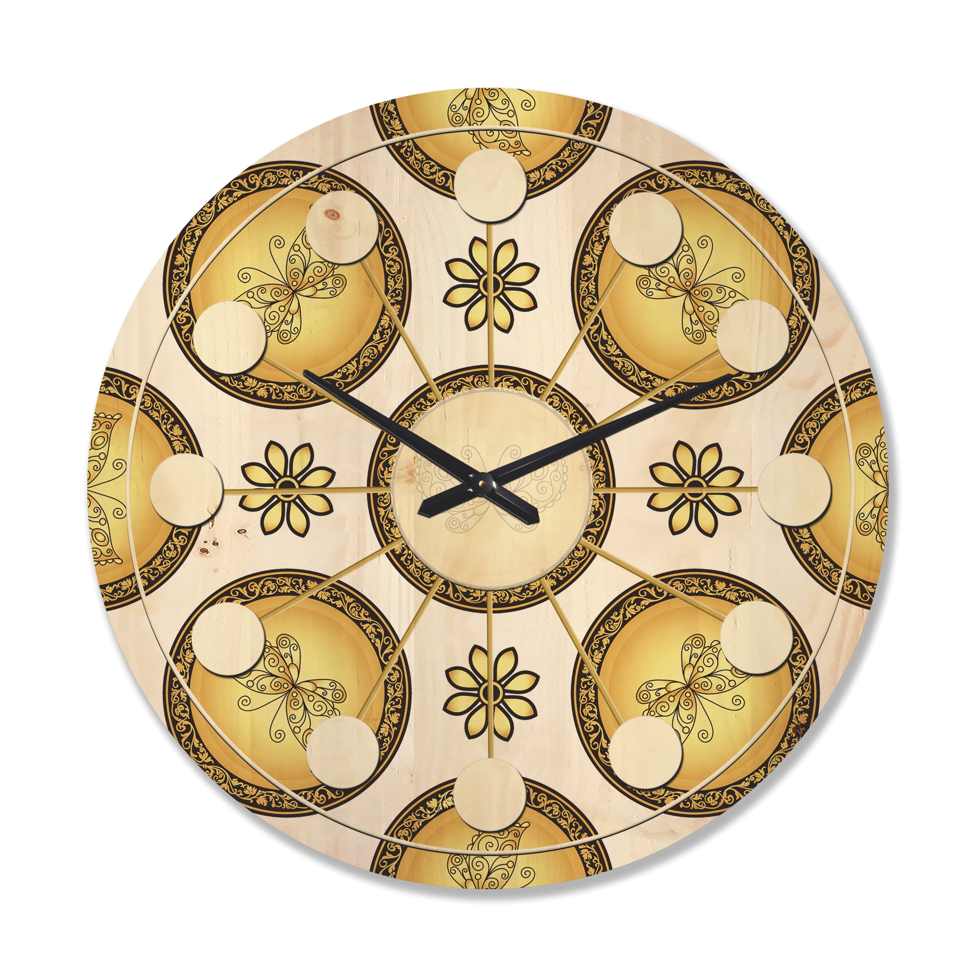 Designart 'Browne and Gold pattern with gradient vintage circles' Mid-Century Modern Wood Wall Clock