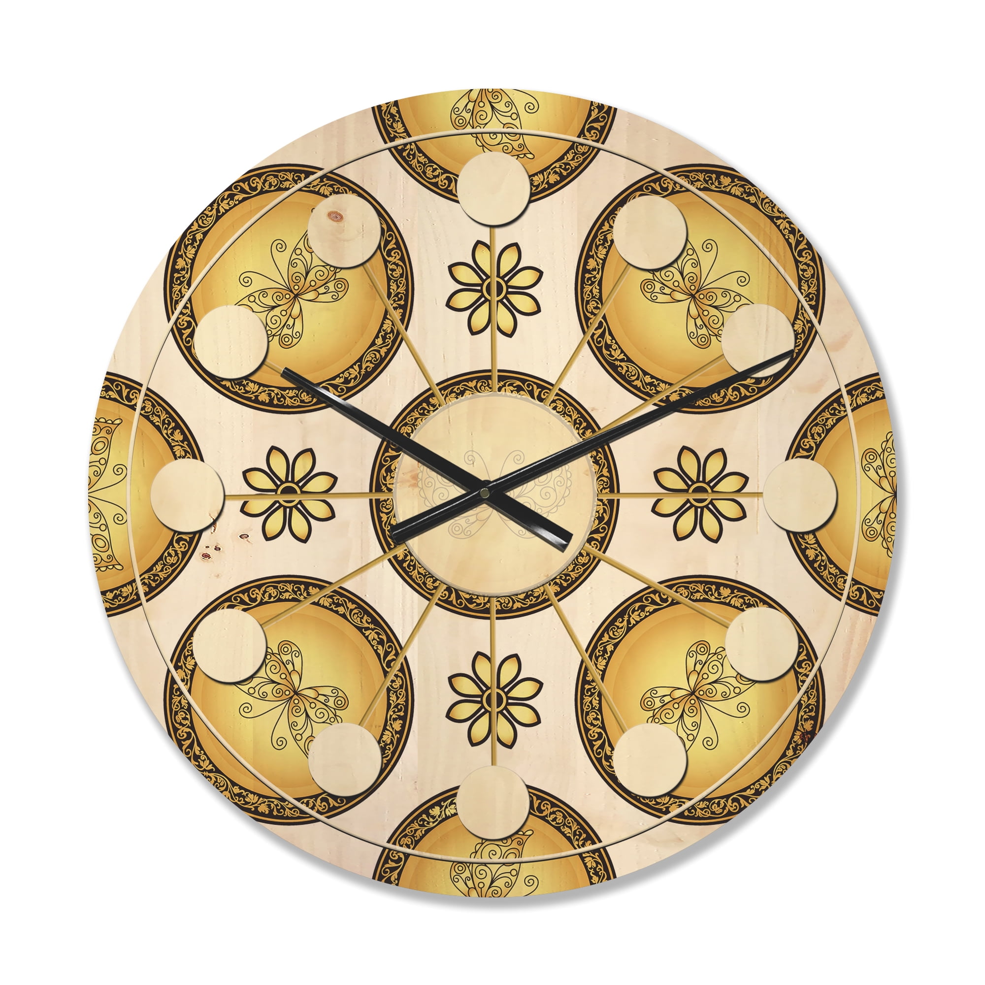 Designart 'Browne and Gold pattern with gradient vintage circles' Mid-Century Modern Wood Wall Clock