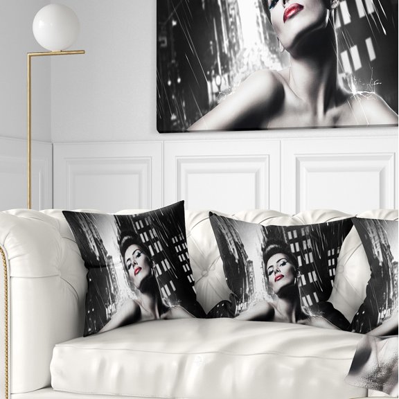 Designart Brunette Woman with Red Lips - Woman Portrait Throw Pillow - 16x16