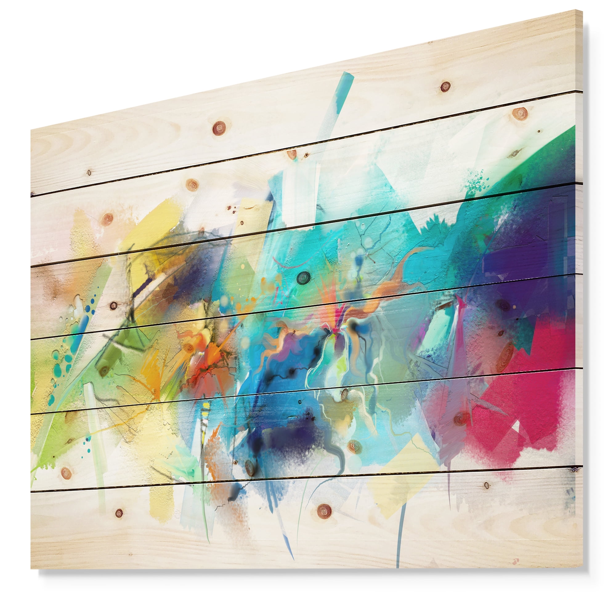 Designart 'Brush Stroke Colorful Oil Painting' Contemporary Painting Print on Natural Pine Wood
