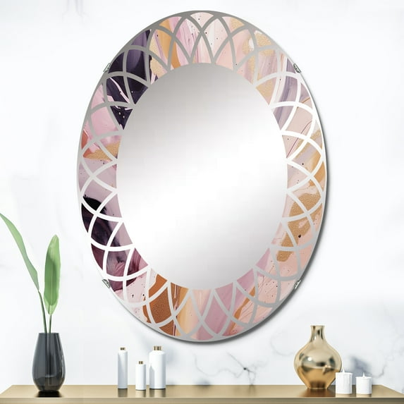 Designart "Brushstrokes of the Soul in Purple and Gold I" Abstract Round Wall Mirror - Modern Oval Printed Decorative Oversized Mirror - Multiple Color Options