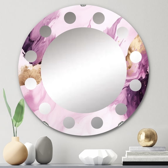 Designart "Brushstrokes of the Soul in Purple and Gold II" Abstract Round Wall Mirror - Modern Oval Printed Decorative Oversized Mirror - Multiple Color Options