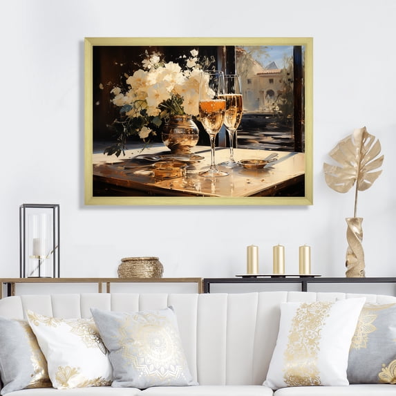 Designart "Bubbles and Bliss in Champagne Glass I" Food & Beverage Framed Wall Art Decor - Traditional White Champagne Living Room Framed Canvas Art