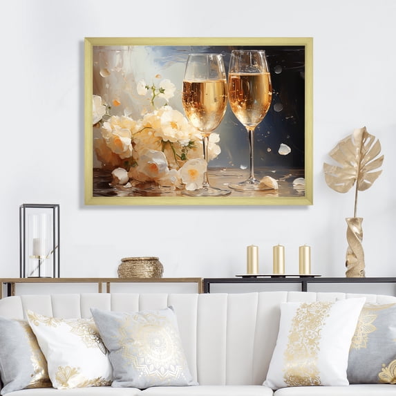 Designart "Bubbles of Gold and White Champagne" Food & Beverage Framed Wall Art Decor - Traditional Gold Champagne Bedroom Framed Canvas Wall Art
