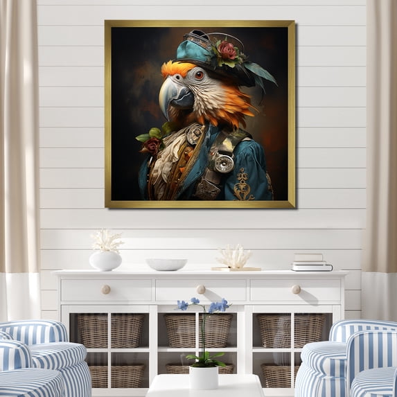 Designart "Buccaneer's Feathered Parrot I" People Framed Wall Art Decor - Modern Blue Pirate Entryway Framed Wall Art Print