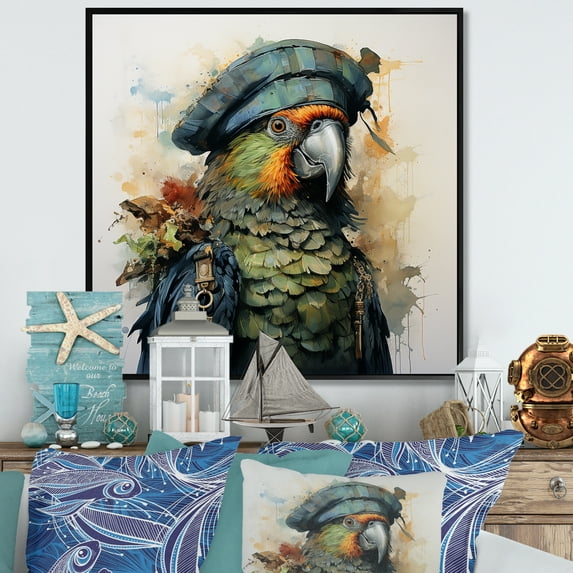 Designart "Buccaneer's Feathered Parrot II" People Framed Wall Art - Green Pirate Entryway Framed Wall Art