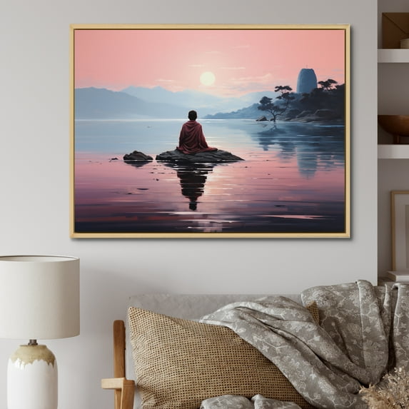 Designart "Buddhist Serenity Peach Buddhism II" Spiritual Floater Framed Wall Art Print